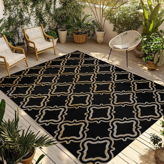 Black Moroccan Outdoor Rug for Patio/Deck/Porch, Non-Slip Large Area Rug 6 x 9 Ft, Geometric Abstract Art Modern Indoor Outdoor Rugs Washable Area Rugs, Reversible Camping Rug Carpet Runner