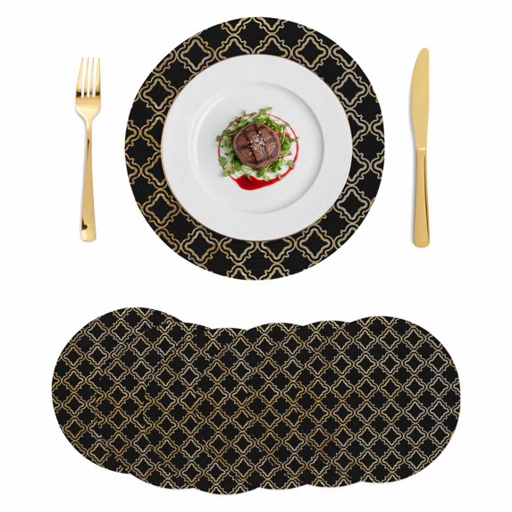Black Moroccan Round 13 Inch Placemats Set of 6, Geometric Abstract Art Modern HeatResistant Non Slip Place Mats for Dining Table, Wipeable Braided Kitchen Table Mats for Housewarming