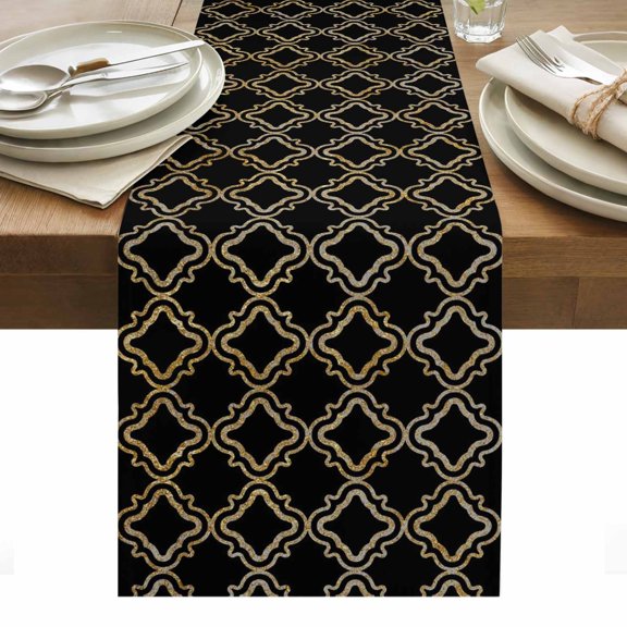 Black Moroccan Table Runner Geometric Abstract Art Modern Tablerunners 13 x 36 Inch, Table Decorations Tabletop Scarf for Summer Gathering Holiday Farmhouse Kitchen Dining Decor
