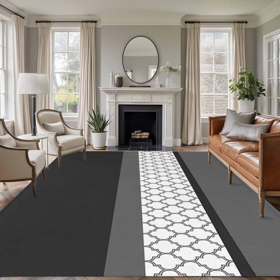 Black Morocco 5'x7' Area Rug, Grey Striped Middle Century Patterned Washable Non-Slip Soft Rugs, Low-Pile Large Carpet for Living Room Bedroom Dining Room, Non-Shedding Accent Rug