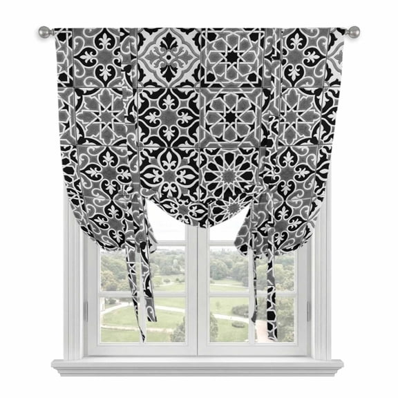Black Morocco Balloon Curtains for Living Room/French Door, Traditional Tribal Abstract Geometric Art Tie Up Curtains 63 Inch Length Energy Saving Kitchen Curtains Shades for Windows 42"x63"