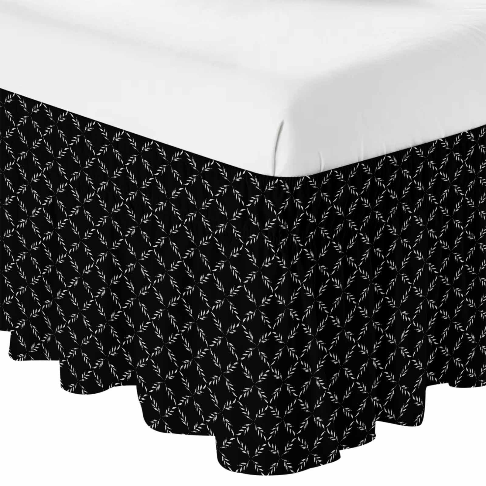 Black Morocco Bed Skirt Cal King Size 16 Inch Drop, Adjustable & Elastic Wrap Around Bed Skirts Pleated Dust Ruffles For Twin Full Queen Cal King Base Beds, Geometric Leaf Diamond Lattice Abstract