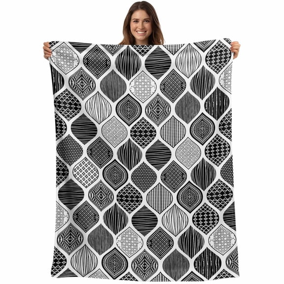 Black Morocco Blanket Soft Cozy Warm Throw Blanket for Couch, Plush Fuzzy Flannel Fleece Blankets for Sofa, Retro Geometric Grey Ethnic Tribal Art Bed Blankets Lightweight Gifts for Women, 50"x60"
