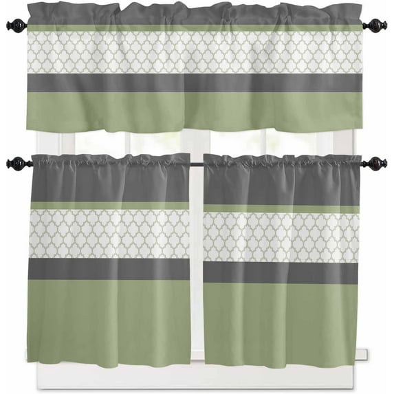 Black Morocco Kitchen Curtains, Grey Striped Middle Century Patterned 3-Piece Kitchen Curtain Valance and Tiers Set 36 Inch Length, Rod Pocket Half Window Curtains for Cafe Living Room Bathroom