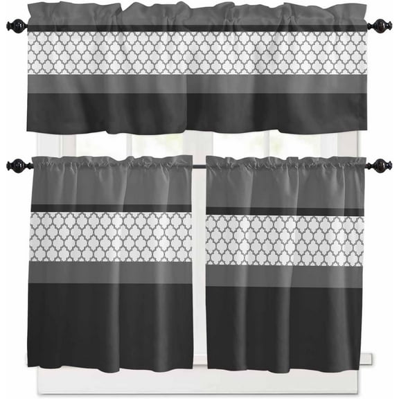 Black Morocco Kitchen Curtains, Grey Striped Middle Century Patterned 3-Piece Kitchen Curtain Valance and Tiers Set 36 Inch Length, Rod Pocket Half Window Curtains for Cafe Living Room Bathroom