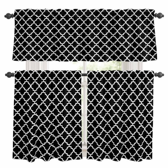 Black Morocco Kitchen Curtains Sets for Windows 36 Inch Length, Boho Modern Minimalist Abstract Geometric Rod Pocket Window Treatments Tier Curtains and Valances Set for Bedroom/Bathroom