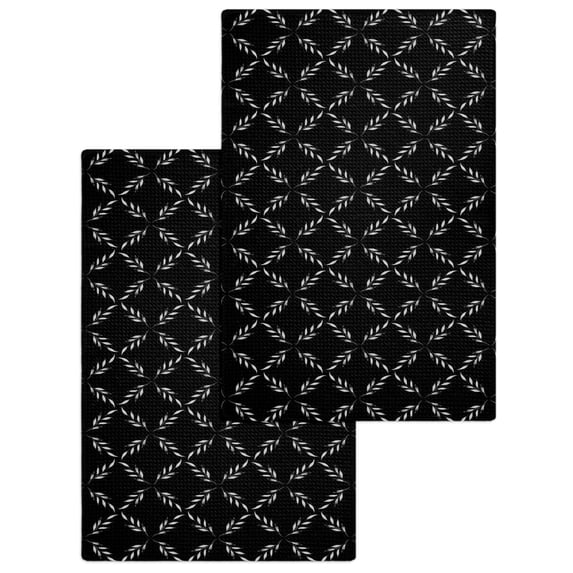 Black Morocco Kitchen Dish Towels for Drying Dishes Set of 2, Geometric Leaf Diamond Lattice Abstract Waffle Weave Microfiber Hand Tea Bathroom Towels Quick Dry & Absorbent Towel 15.7x23.6