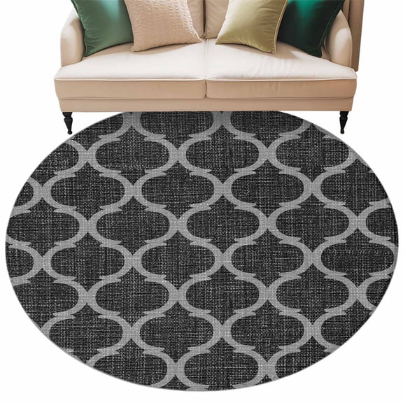 Black Morocco Large Area Rugs for Bedroom Living Room, Soft Non Slip Carpet Bedside Rug, Boho Vintage Quatrefoil Geometric Plaid Round Floor Cover Kitchen Accent Rug 5' for Dining Room/Office