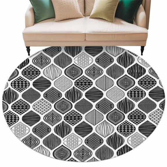 Black Morocco Large Area Rugs for Bedroom Living Room, Soft Non Slip Carpet Bedside Rug, Retro Geometric Grey Ethnic Tribal Art Round Floor Cover Kitchen Accent Rug 8' for Dining Room/Office