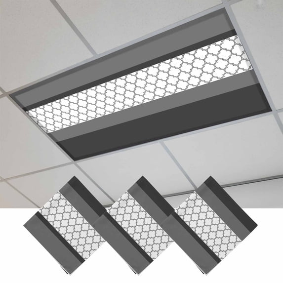 Black Morocco Magnetic Fluorescent Light Covers for Ceiling Lights 2x4Ft, Grey Striped Middle Century Patterned Office Classroom Kitchen Drop Ceiling Light Covers Lighting Filters Shade Panel 3 Packs