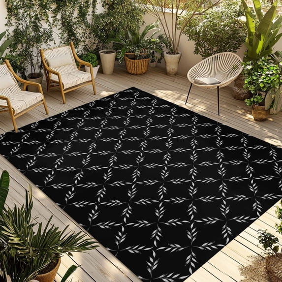 Black Morocco Outdoor Rug 3x5 Ft - Reversible Patio Rug Outdoor Camping Rugs, Geometric Leaf Diamond Lattice Abstract Washable Indoor Outdoor Area Rugs, Non-Slip Outdoor Carpet Runner for Deck/Porch