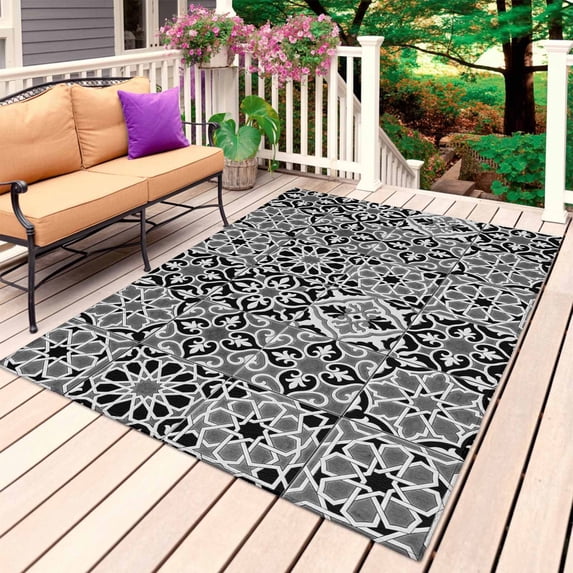 Black Morocco Outdoor Rug 4x6 Ft, Non Slip Washable Area Rug, Traditional Tribal Abstract Geometric Art Patio Rugs Carpet Runner, Large Floor Mat for Indoor/Outdoor Deck Porch Camping