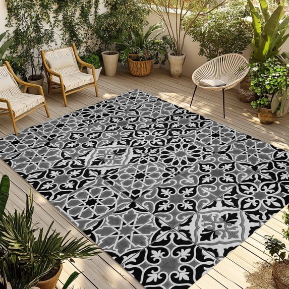Black Morocco Outdoor Rug for Patio/Deck/Porch, Non-Slip Large Area Rug 6 x 9 Ft, Traditional Tribal Abstract Geometric Art Indoor Outdoor Rugs Washable Area Rugs, Camping Rug Carpet Runner