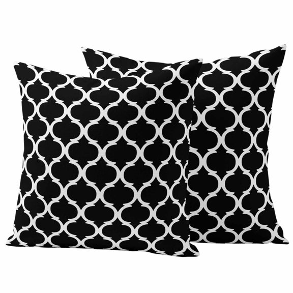 Black Morocco Pattern Waterproof Outdoor Pillow Covers 18''x18'' Set of 2, Patio Furniture Cushion Covers for Chairs, White Moroccan Geometric Art Decorative Pillow Cases for Garden/Pool/Beach