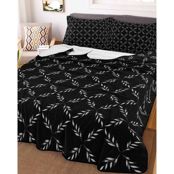 Black Morocco Queen Size Down Alternative Comforter, Lightweight Comforter Quilt Bedding Set with Pillow Shams Geometric Leaf Diamond Lattice Abstract All Seasons Bed Comforter Duvet Insert 90"x96"