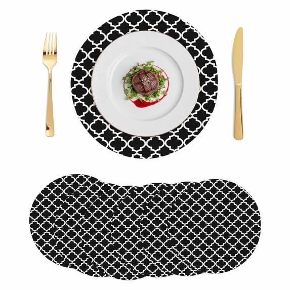 Black Morocco Round 13 Inch Placemats Set of 6, Boho Modern Minimalist Abstract Geometric HeatResistant Non Slip Place Mats for Dining Table, Wipeable Braided Kitchen Table Mats for Housewarming