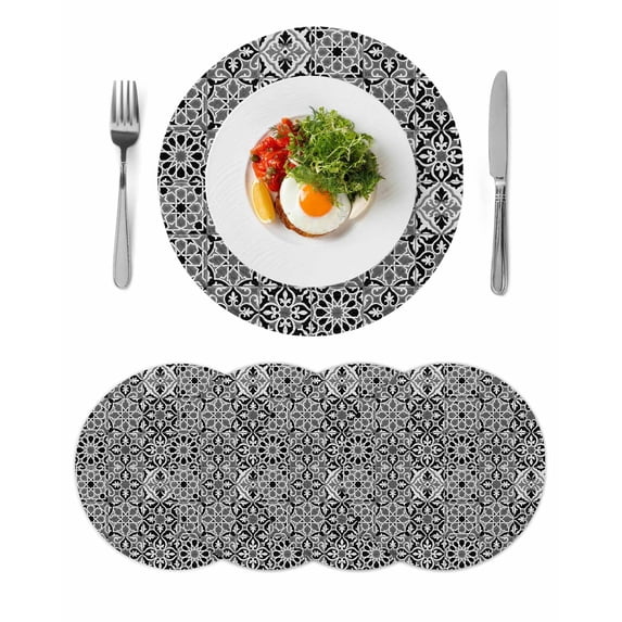 Black Morocco Round 15 Inch Placemats Set of 4, Traditional Tribal Abstract Geometric Art HeatResistant Non Slip Place Mats for Dining Table, Wipeable Braided Kitchen Table Mats for Housewarming