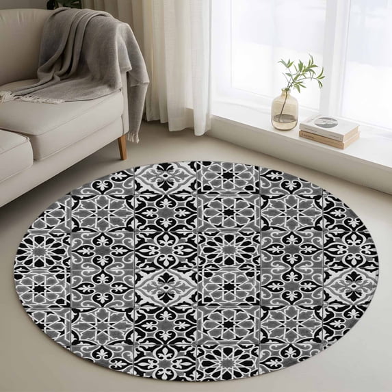 Black Morocco Round Area Rug 3Ft Washable Small Circle Rugs for Kitchen Entryway, Traditional Tribal Abstract Geometric Art Non-Slip Carpet Floor Mats Indoor Outdoor Carpet Runner Home Decor