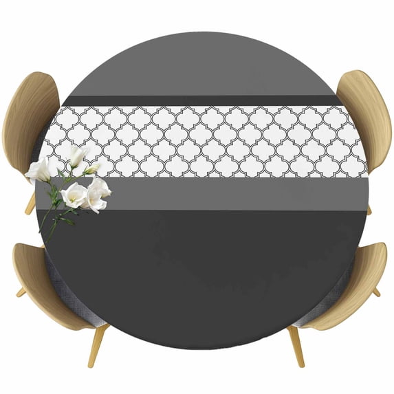 Black Morocco Round Tablecloth, Fitted Table Cover with Elastic for 36"-44" Round Tables, Grey Striped Middle Century Patterned Table Cloth Outdoor Indoor Dinning Party Waterproof Tablecloths