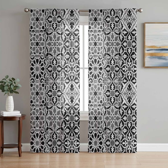 Black Morocco Sheer Curtains 63 Inch Length 2 Panels Set Window Treatments, Traditional Tribal Abstract Geometric Art Rod Pocket Semi Curtains for Living Room/Bedroom/Kitchen Décor, 104"W x 63"L