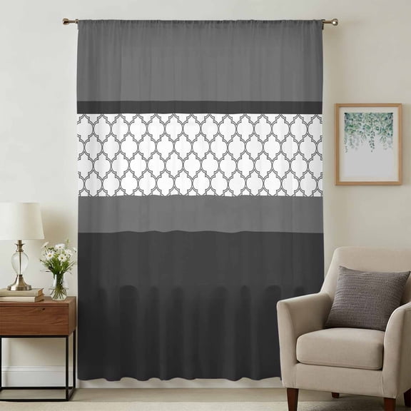Black Morocco Sheer Curtains 63 Inches Long, Grey Striped Middle Century Patterned Light Filering Curtains, Breathable Simi Curtain Privacy Drapes for Living Room Bedroom Lightweight Window Treatment