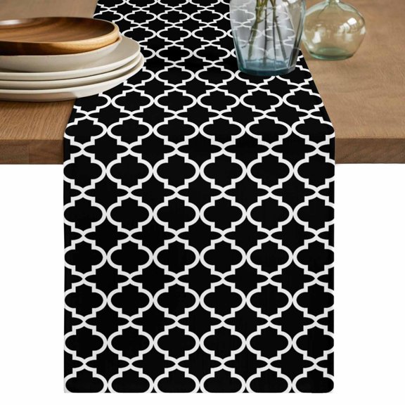 Black Morocco Short Table Runner 36 Inches Long,Boho Modern Minimalist Abstract Geometric Cotton Linen Table Runners Dresser Scarves,Tabletop Scarf Furniture Cover for Home Dinner Party 13"x36"