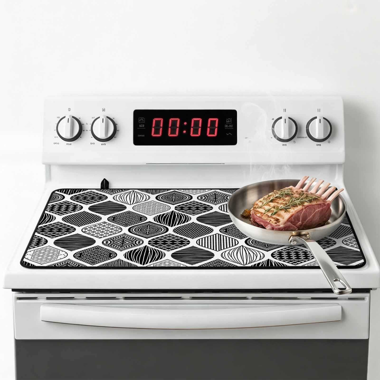 Black Morocco Stove Top Cover for Electric Stove, Heat-proof & Non Slip Glass Top Stove Cover Protector, Retro Geometric Grey Ethnic Tribal Art Kitchen Flat Cooktop Rubber Mat 24x21 Inches