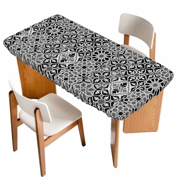 Black Morocco Table Cloths for 3 Foot Rectangle Tables, Traditional Tribal Abstract Geometric Art Patio Waterproof Elastic Fitted Tablecloths, Washable Rectangular Table Cover for Camping