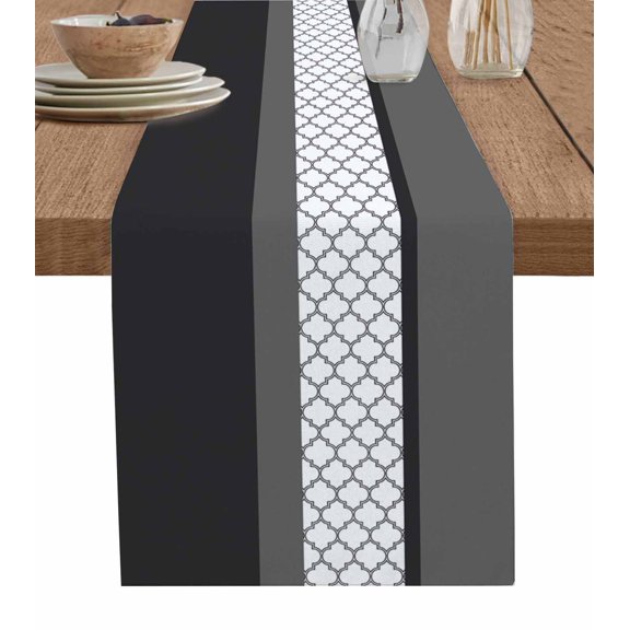 Black Morocco Table Runner 48 Inches, Grey Striped Middle Century Patterned Bed Runner Dresser Scarves Tabletop for Indoor Outdoor Parties/Ceremony/Banquet, 13" x 48"