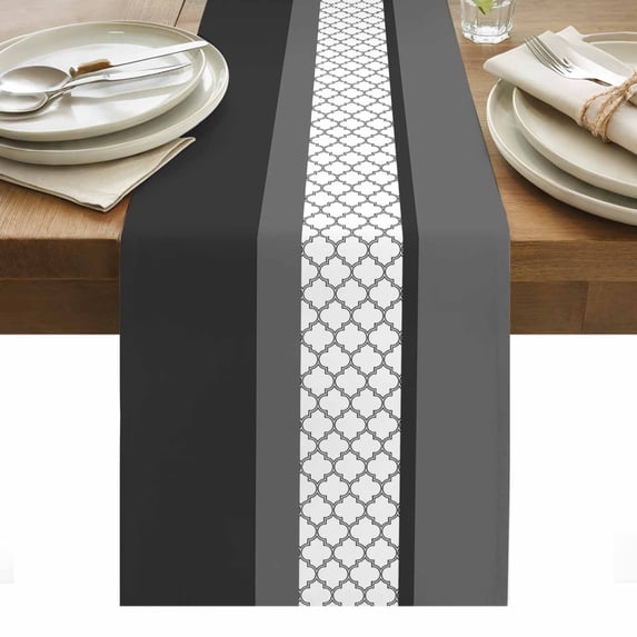 Black Morocco Table Runner - 90 Inch Long, Kitchen Dining Table Runner Dresser Scarves, Grey Striped Middle Century Patterned Farmhouse Decor for Coffee Tables Wedding Party Banquet
