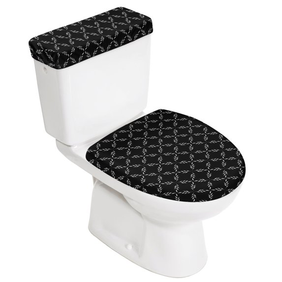 Black Morocco Toilet Lid Cover and Tank Cover Set, Black Morocco 2pc Stretch Toilet Lid Seat Covers for Bathroom Washable Protector with Elastic Edge for Standard & Elongated Toilets