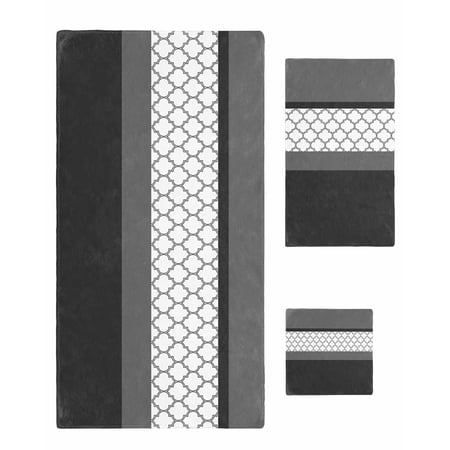 Black Morocco Towel Set of 3, Soft Microfiber Bath Towels, Hand Towel, Washcloths, Grey Striped Middle Century Patterned Quick-Dry Absorbent Towels for Bathroom Kitchen Hotel Beach Gym Spa