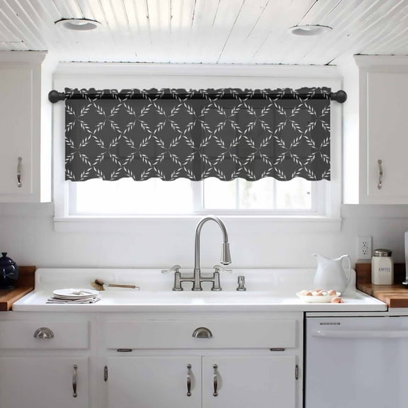 Black Morocco Valance Curtains for Kitchen/Living Room/Bathroom/Bedroom Window, Geometric Leaf Diamond Lattice Abstract Rod Pocket Small Topper Half Short Window Curtains Voile Sheer Scarf 42"x12"
