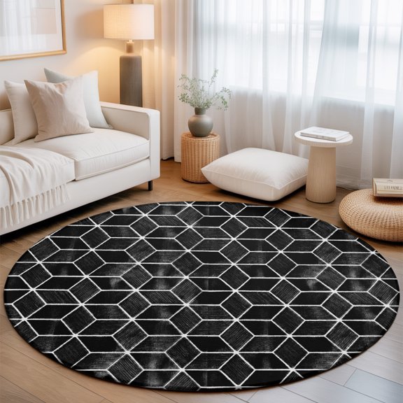 Black Mosaic Checkered 3' Round Rug for Bathroom Accent Bedside Corner, Modern Abstract Geometric Minimalist Plaid Washable Non Slip Soft Circle Area Rug for Small Spaces Entryway