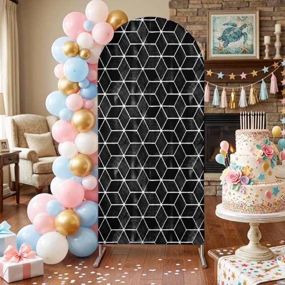 Black Mosaic Checkered Arch Backdrop Covers 5 FT, Modern Abstract Geometric Minimalist Plaid Stretchy Fitted Arched Stand Covers Party Arch Stand Cover Photo Booth for Wedding Birthday Decor
