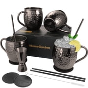 Black Moscow Mule Mugs Set of 4, 100% Handcrafted, Large Size 16 ounces w/ Copper Straws Coasters Glass Straw Brush Kit