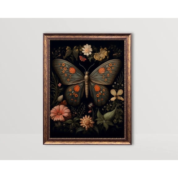 Black Moth, Botanical Butterfly Wall Art, Dark Academia Posters, Gothic Cottagecore Decor, Moody Floral Poster, Vintage Flowers Art11, Unframed Canvas Size 12x18