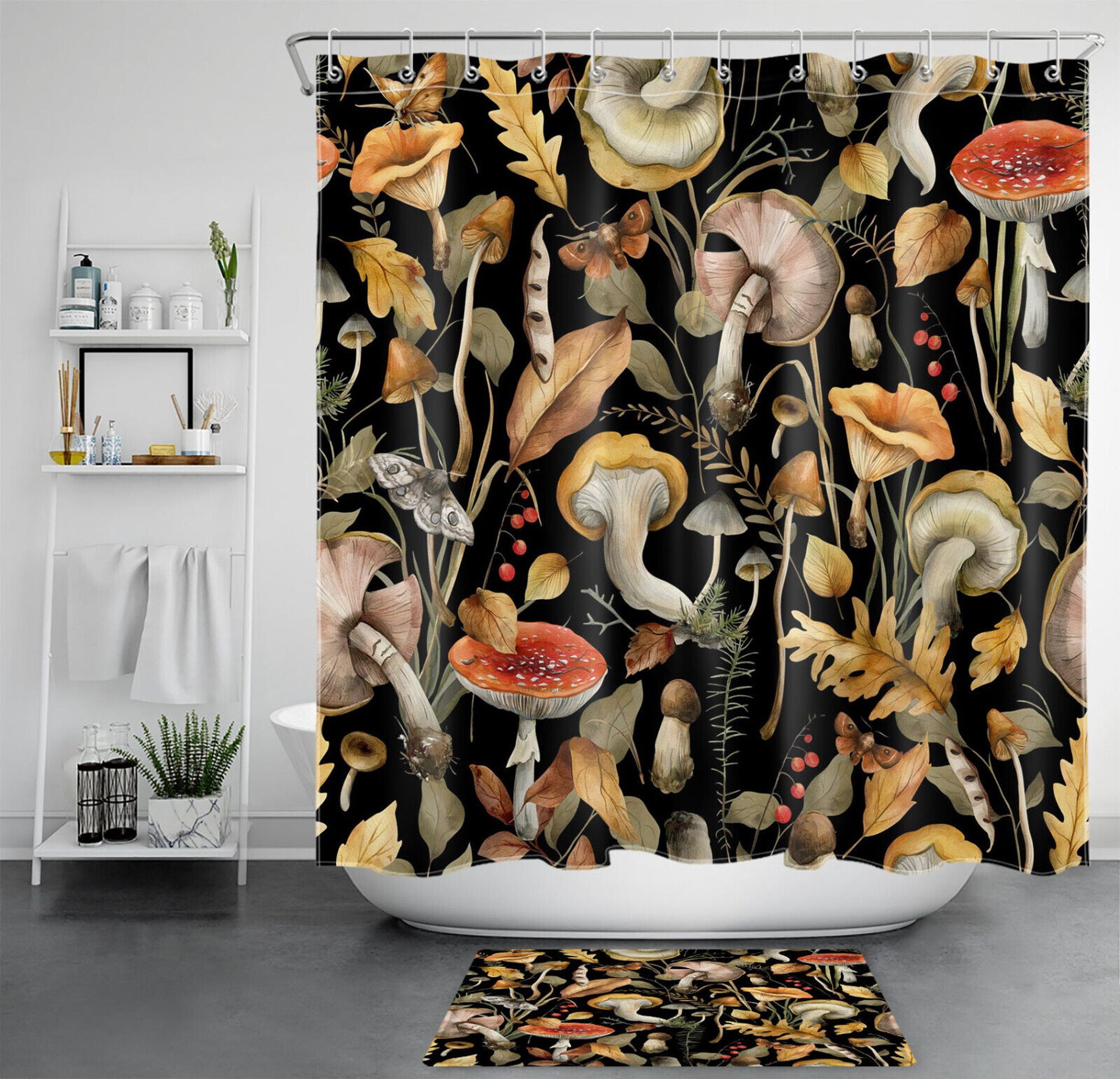 Black Moth Plant Brown Red Mushroom Shower Curtain Bathroom - Walmart.com