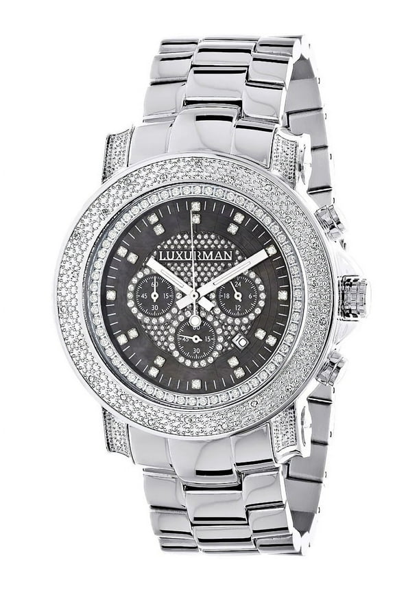Black Mother of Pearl Escalade Luxury 3/4ct White Diamond Chronograph Watch with Metal Band