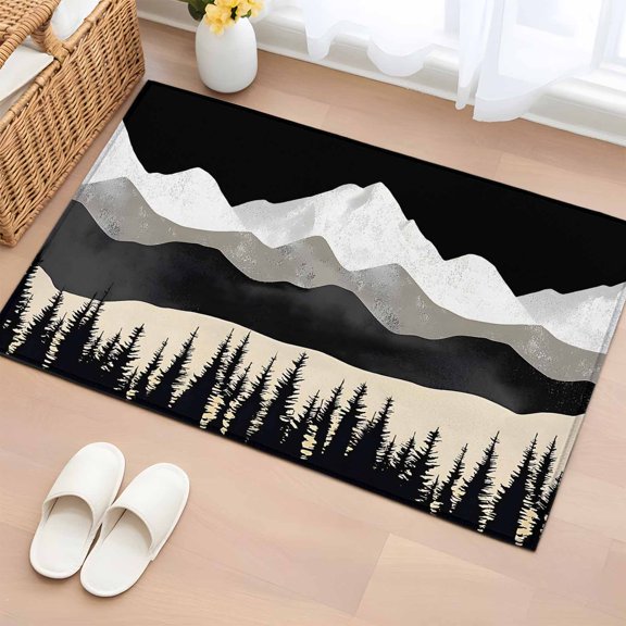 Black Mountain Bathroom Rug Washable 2x3 Entryway Rug Non Slip Peaks Landscape Forest Tree Front Door Mat Low Pile Indoor Doormat Throw Floor Carpet for Kitchen Bedroom Entrance