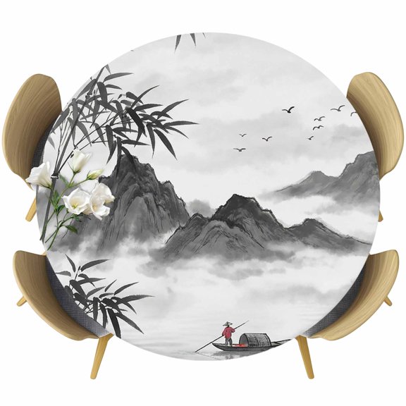 Black Mountain Lake Round Tablecloth 36-44 Inch Round Fitted Table Cloth with Elastic Edge, Chinese Ink Painting Landscape Waterproof Table Cover Protector for Outdoor Picnic Party Dining