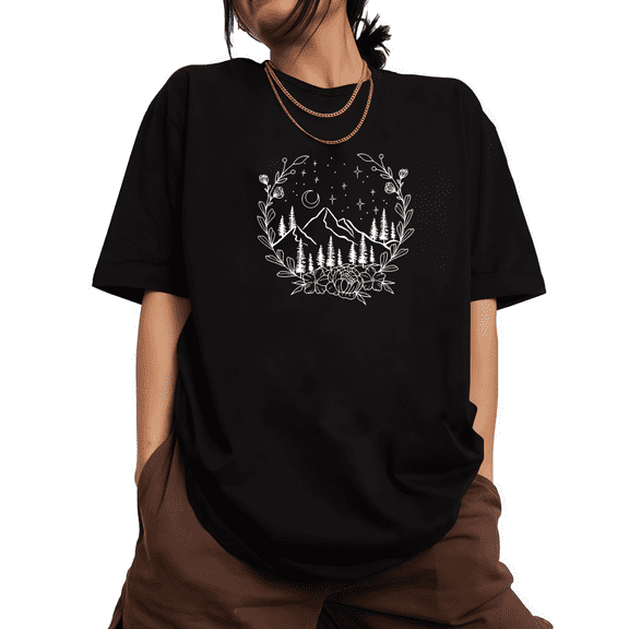 Black Mountain Moon Floral Wreath Graphic T-Shirt Casual Loose Comfortable Shirts Nature Celestial Themed Daily Outfit Tops S-5XL
