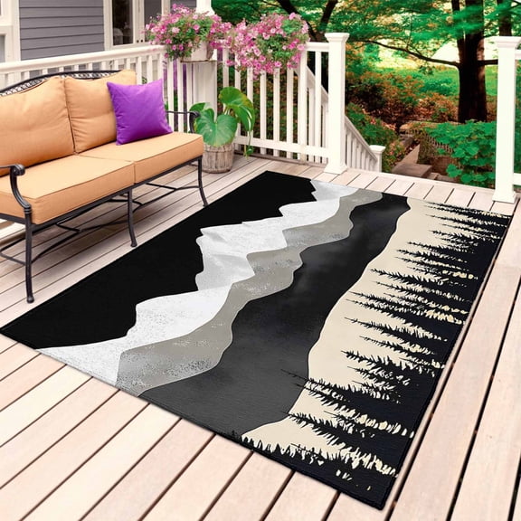 Black Mountain Outdoor Rug 3x5 Ft, Non Slip Washable Area Rug, Peaks Landscape Forest Tree Patio Rugs Carpet Runner, Large Floor Mat for Indoor/Outdoor Deck Porch Camping