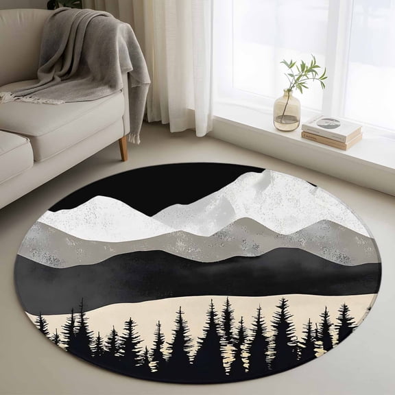 Black Mountain Round Area Rug 3.3 FT, Non Slip Small Entryway Kitchen Mat, Peaks Landscape Forest Tree Washable Soft Circular Rug Non-Shedding Door Mat for Bathroom Playroom Kids Room