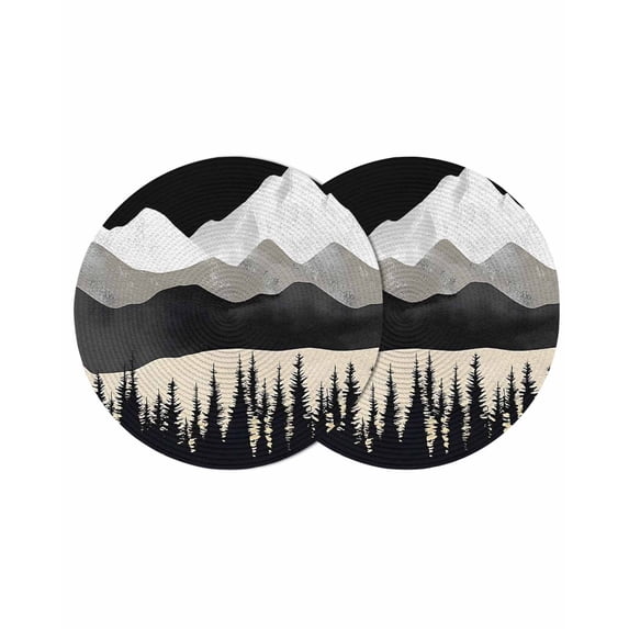 Black Mountain Round Placemats Set of 2 for Dinning Tables,Heat-proof Braided Table Mats 15 Inch,Peaks Landscape Forest Tree Washable Place Mat for Kitchen Restaurant Party Decor Table Setting
