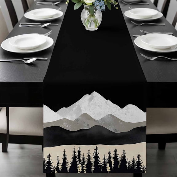 Black Mountain Table Runner 108 Inches Long, Peaks Landscape Forest Tree Kitchen Coffee Dining Table Decoration for Home Party Birthday Wedding Home Decor 13x108 Inches