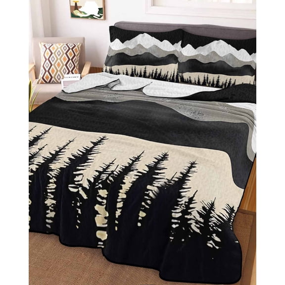 Black Mountain Twin Size Down Alternative Comforter, Lightweight Comforter Quilt Bedding Set with Pillow Shams Peaks Landscape Forest Tree All Seasons Bed Comforter Duvet Insert 68"x86"
