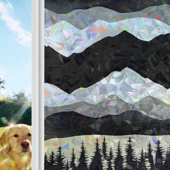 Black Mountain Window Privacy Film Stain Glass, Reusable Decorative Rainbow Window Film, Peaks Landscape Forest Tree Non-Adhesive Static Cling Sun Blocking Stickers Decals Covers 17.7" x 39.3" (2pcs)