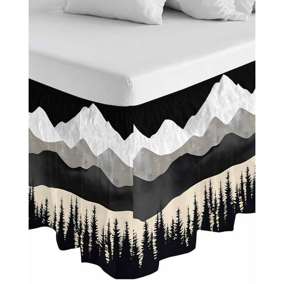 Black Mountain Wrap Around Bed Skirts for California King Bed 16" Drop,Bed Skirt with Adjustable Elastic Belt Dust Ruffle Bed Valance for Bedroom Hotel Peaks Landscape Forest Tree Bed Frame Cover