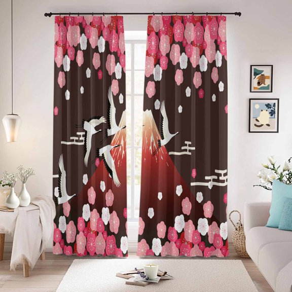 Black Mountains Blackout Curtains for Bedroom/Living Room, Pinch Pleated Black Out Curtains, Modern Aesthetic Cherry Blossoms Cranes Room Darkening Window Drapes with Hooks 2 Panels, 39"x70"